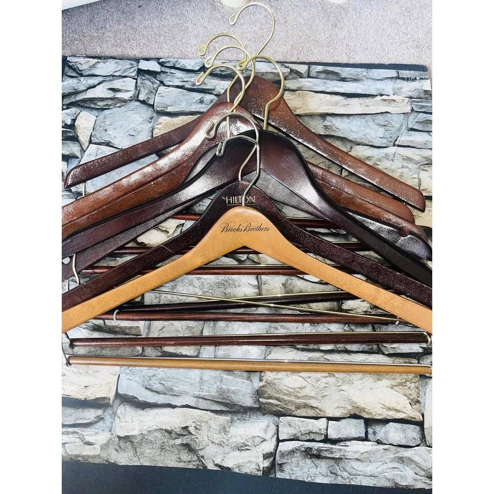 VTG Hardwood Wooden Hangers Movable Pants Bar Hilton Brooks Brothers Lot Of 7